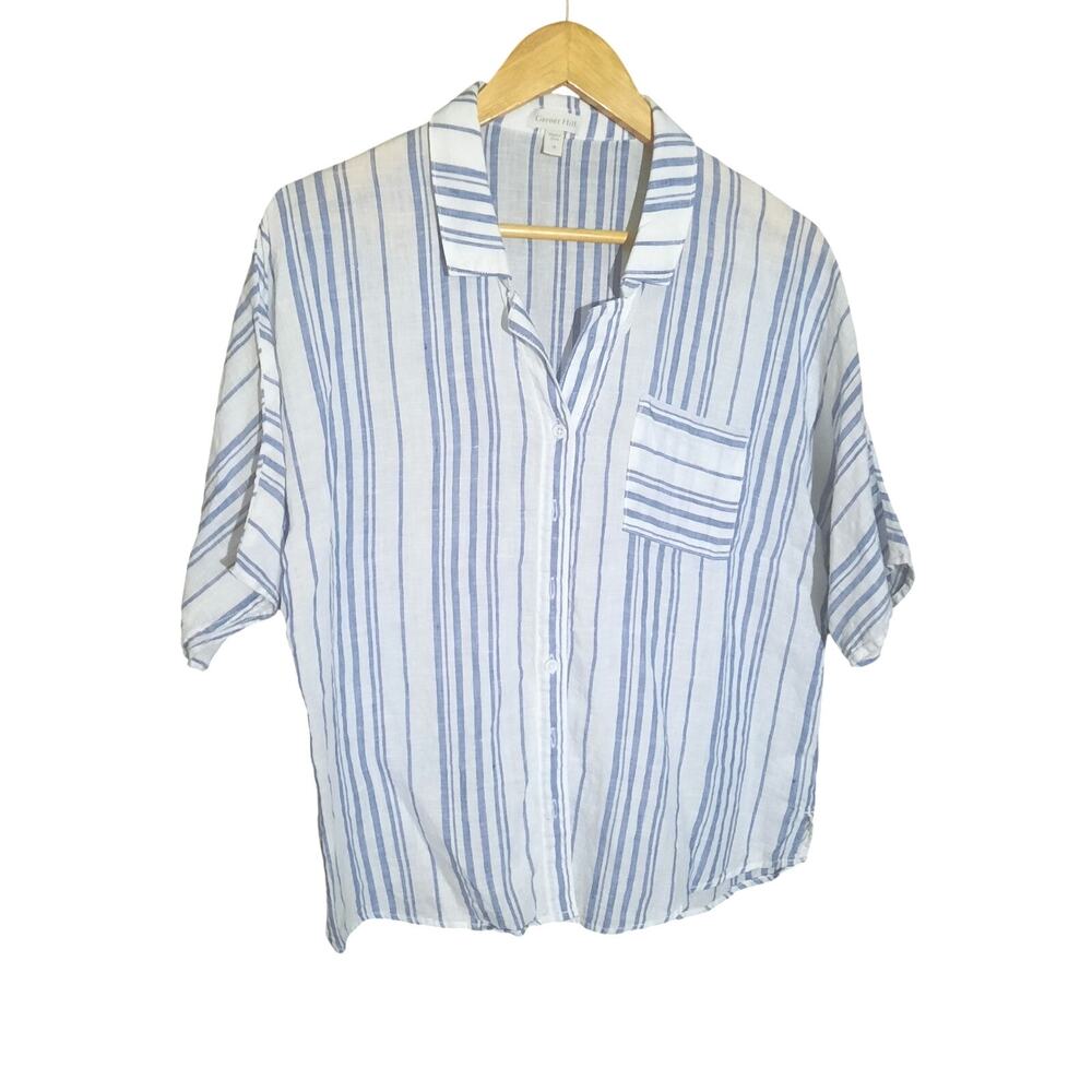 Garnet Hill Womens Blue & White Stripe Linen Short Sleeve Button Shirt Size 16